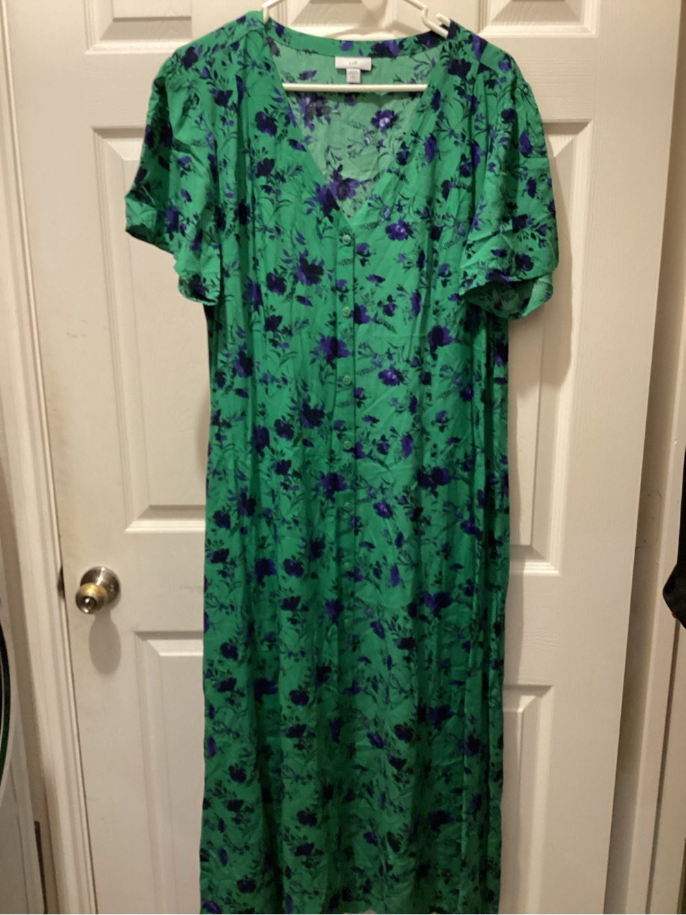 J. Jill Emerald Green Maxi Dress with Purple Floral Print